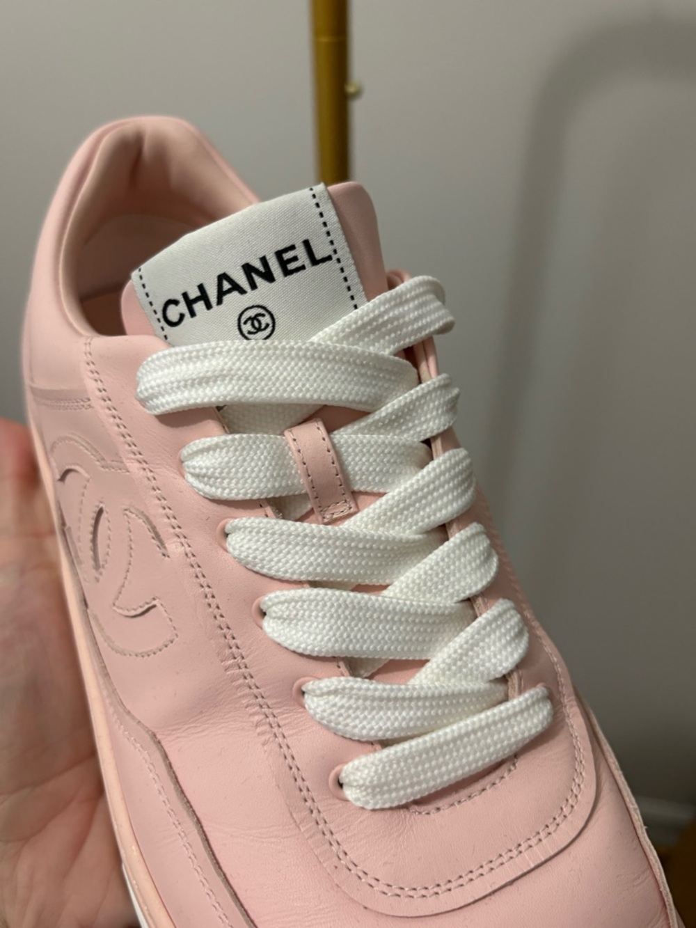 CHANEL Pink Leather Low-Top Sneakers with White Laces - Picture 2 of 8